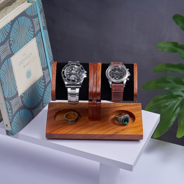 Handmade Wood Watch Stand For 2 Watches Gift For Him With Place For Storage, Gift For A Watch Lover, Personalized Gift.