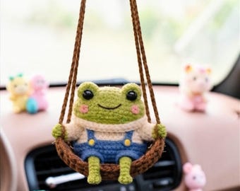 Crochet Frog Car Charm, Frog on a Swing, Cute Car Decor, Car Mirror Hanging, Car Accessories Gift for Women, stuffed animals