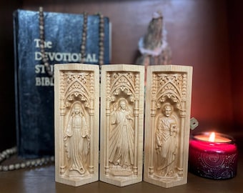Handmade Wood Carving Catholic Triptych: Prayer Altar