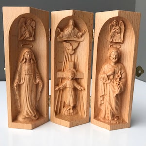 Hand Carved Wooden Catholic Altar: Christian Icon Triptych
