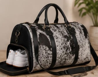 Black White Speckled Cowhide Duffel Bag | Western Travel Weekender, Carry-On Shoe Compartment