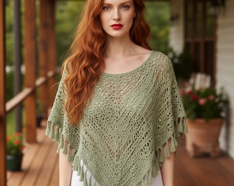 Sage Green Crochet Poncho, Boho Fringe Cover Up, Crochet Beach Cover Up, Handmade Style Knit Shawl, Summer Festival Top