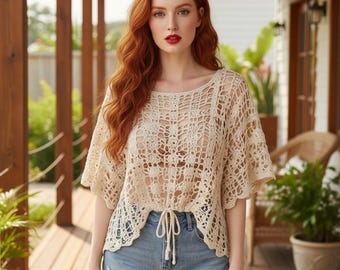Boho Crochet Lace Beach Cover Up Top, Handmade Crochet Blouse, Summer Crochet Tunic, Resort Wear, Festival Top, Lightweight Boho Shirt