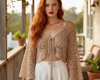Crochet Tie Front Crop Top, Handmade Boho Crochet Cardigan, Festival Crochet Blouse, Beach Cover Up, Cottagecore Sweater, Bohemian Top