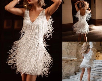 Evening dress | Prom dress | Silver Cami Dress | Party Dress | Boho Style Dress | Backless Dress | Festival Outfit| Fringe Tassel Mini Dress