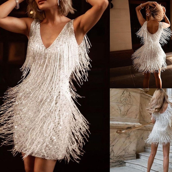 Evening dress | Prom dress | Silver Cami Dress | Party Dress | Boho Style Dress | Backless Dress | Festival Outfit| Fringe Tassel Mini Dress