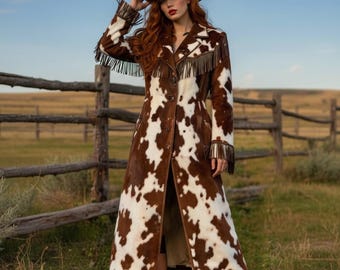 Women’s Cowhide Long Coat – Western Style Belted Fur Jacket