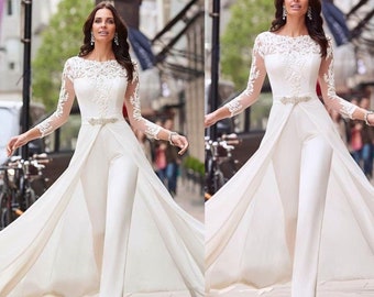 Elegant Long Jumpsuit, White Jumpsuit Vintage, Wide Leg Jumpsuit, Ceremony Suit, Wedding Dress, Wedding Rompers, Wide Leg Pants Bridal