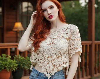 Crochet Floral Lace Poncho Top, Boho Crochet Blouse, Beach Cover Up, Handmade Crochet Cape, Festival Top, Summer Crochet Shirt, Gift For Her