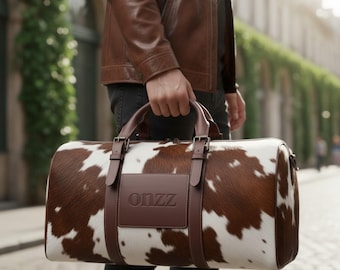Cowhide Leather Duffle Bag – Brown & White Travel Weekender Bag, Genuine Leather Overnight Carry Bag