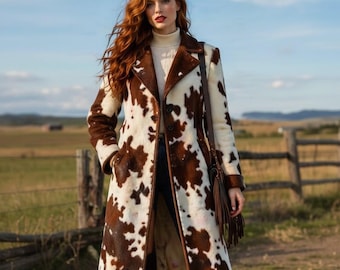 Women’s Genuine Cowhide Leather Long Coat – Western Style Faux Cowhide Overcoat with Lapel Collar