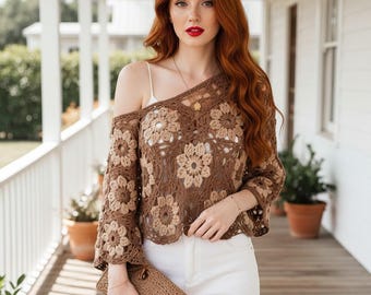 Crochet Daisy Granny Square Sweater, Handmade Floral Crochet Top, Boho Pullover, Cottagecore Flower Sweater, Crochet Blouse, Gift for Women