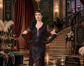 Black Sequin Midi Dress: 1920s Flapper Gatsby Roaring 20s Party Outfit