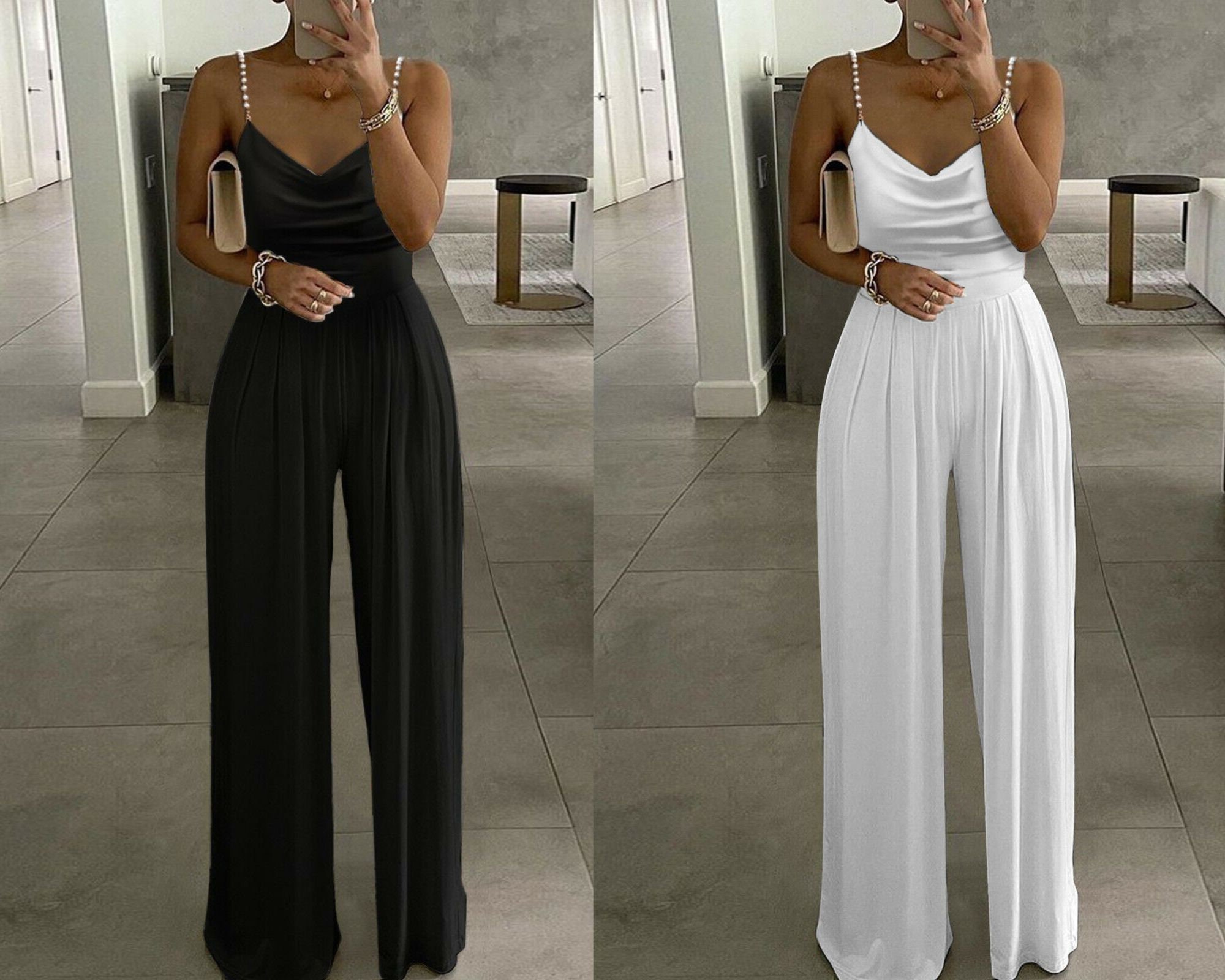 White Formal Jumpsuit with Herringbone Pleat