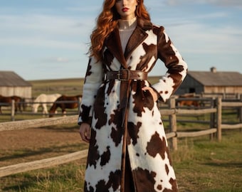 Women’s Cowhide Long Coat – Western Style Belted Fur Jacket