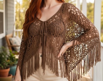 Crochet Fringe Poncho Top, Handmade Boho Crochet Cover Up, Festival Crochet Blouse, Beach Poncho Sweater, Western Fringe Top, Boho Clothing