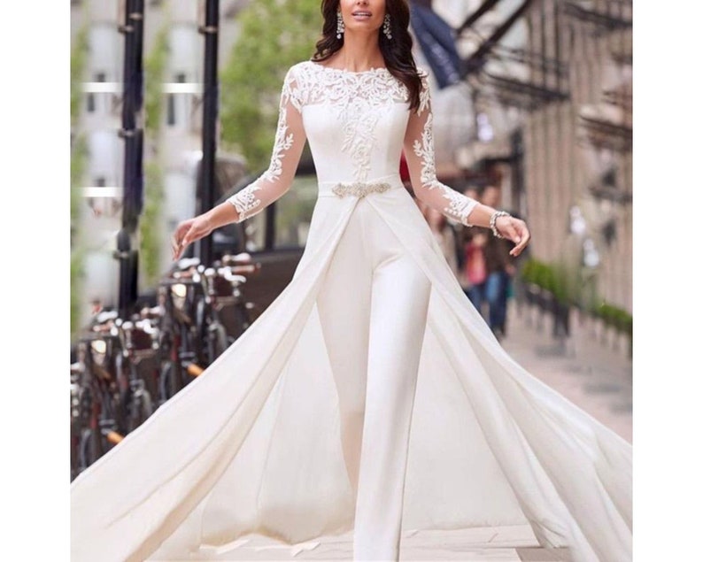 Elegant Long Jumpsuit, White Jumpsuit Vintage, Wide Leg Jumpsuit, Ceremony Suit, Wedding Dress, Wedding Rompers, Wide Leg Pants Bridal image 5