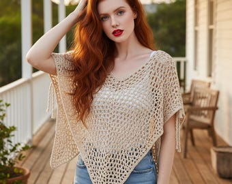 Handmade Crochet mesh poncho, Crochet Poncho Top, Crochet Beach Cover Up, Boho Summer Poncho Sweater