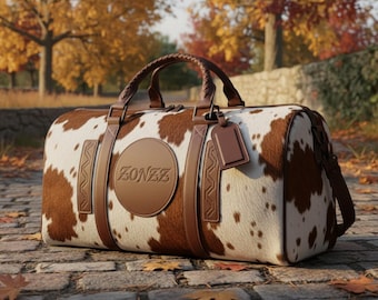 Personalized Luxury Cowhide Leather Duffel Bag | Hair On Hide Weekender Travel Bag | Handmade Unisex Western Leather Bag