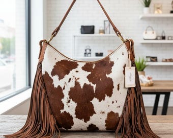 Western Cowhide Fringe Shoulder Bag – Vintage Boho Tassel Handbag for Women