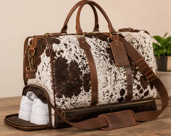 Western Cowhide Travel Duffel Bag with Shoe Compartment – Vintage Weekender Carry Bag