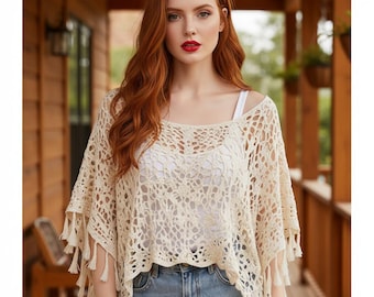 Crochet Fringe Poncho Top, Boho Crochet Cover Up, Beach Cover Up, Handmade Festival Top, Summer Crochet Shirt, Resort Wear,Bohemian Clothing