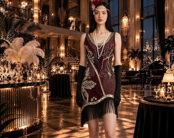 Burgundy Flapper Dress, V-Neck Capri Length, 100% Polyester, Sleeveless Asymmetrical Hem