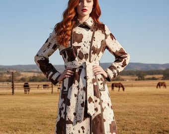 Women’s Cowhide Long Coat – Western Style Belted Fur Jacket