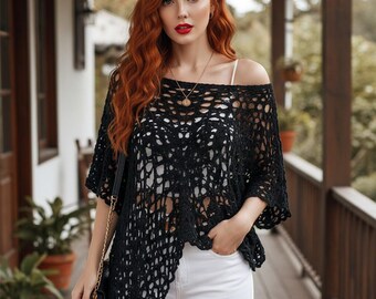 Black Crochet Poncho Top, Handmade Crochet Cover Up, Festival Crochet Blouse, Beach Cover Up, Oversized Crochet Top, Gothic Boho Clothing