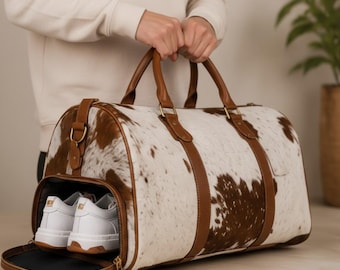 Western Cowhide Travel Duffle Bag with Shoe Compartment – Large Weekender Leather Gym Bag