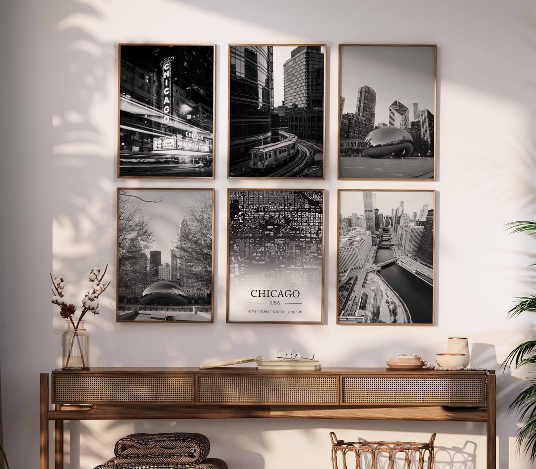 Chicago Prints, Chicago Black and White Print Set of 6, Chicago