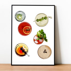 Cocktail Set Print (Perfect voor een Bar Cart) Dirty Martini, Bloody Mary, Negroni, Spicy Margarita, Paloma
