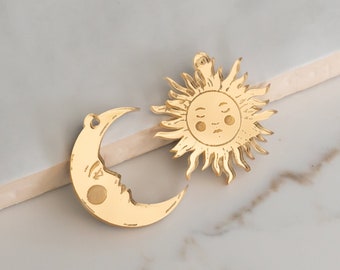 Gold Celestial Sun and Moon Earring Blanks Cutout, Dangle Earring Jewelry Making, Craft Earrings DIY, Sunburst Celestial Star Earring Blanks