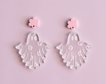 Cute Floral Engraved Ghost Dangle Earring Blanks Cutout, Earring Jewelry Making, Craft Multi Part Earrings DIY, Halloween Earring Blanks