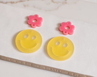 Yellow Smiley with Pink Daisy Earring Blanks Cutout, Dangle Earring Jewelry Making, Craft Earrings DIY, Smiley Earring Blanks