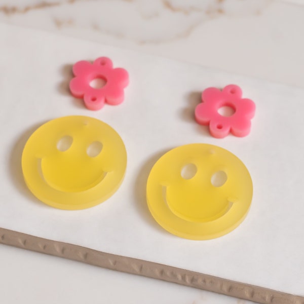 Yellow Smiley with Pink Daisy Earring Blanks Cutout, Dangle Earring Jewelry Making, Craft Earrings DIY, Smiley Earring Blanks