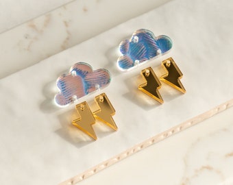 Cloud and Lightning Bolt Earring Blanks Cutout, Iridescent and Gold Dangle Earring Jewelry Making, Craft Earrings DIY, Cloud Earring Blank