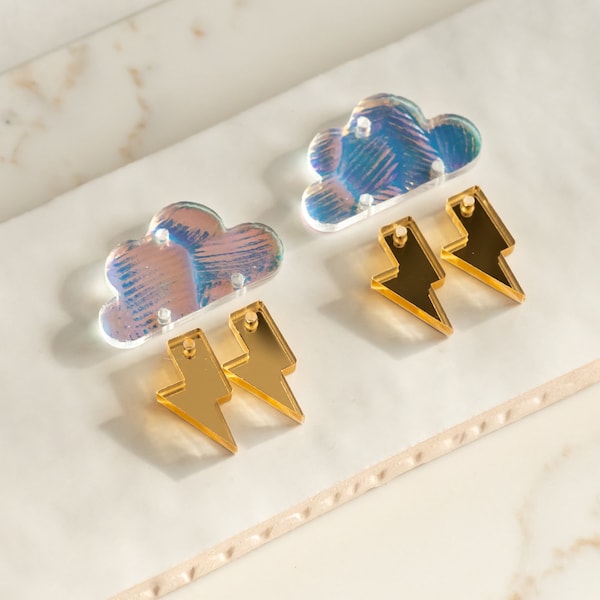 Cloud and Lightning Bolt Earring Blanks Cutout, Iridescent and Gold Dangle Earring Jewelry Making, Craft Earrings DIY, Cloud Earring Blank