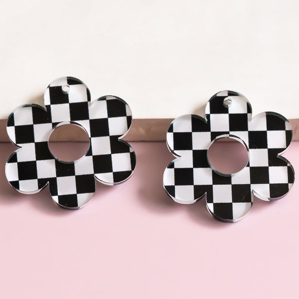 Black and White Checkered Daisy Earring Blanks Cutout, Dangle Earring Jewelry Making, Craft Earrings DIY, Retro Fifties Earring Blanks