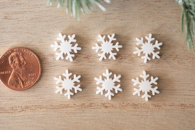 Pu&ograve; includere: Sei ornamenti bianchi a forma di fiocco di neve su una superficie di legno. Gli ornamenti sono circa delle dimensioni di una moneta da un centesimo di euro.
