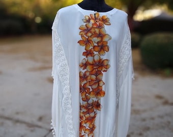 Hand painted Crape Silk Tunic/ One of a kind/Floral top/Handmade/