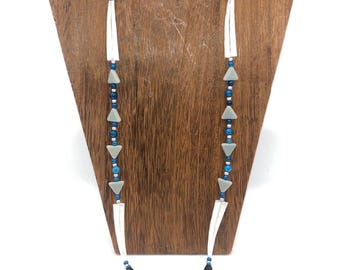 Single Strand Pine Nut Necklace with Dentilium Shells and Glass Beads & Albalone Feather