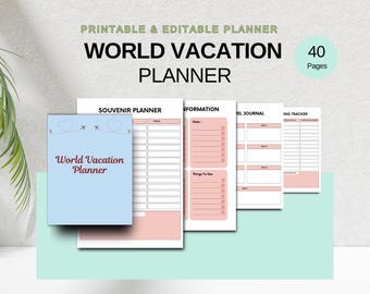 World Vacation Planner | Printable & Editable Canva Template | Travel Itinerary, Packing List, Budget and More