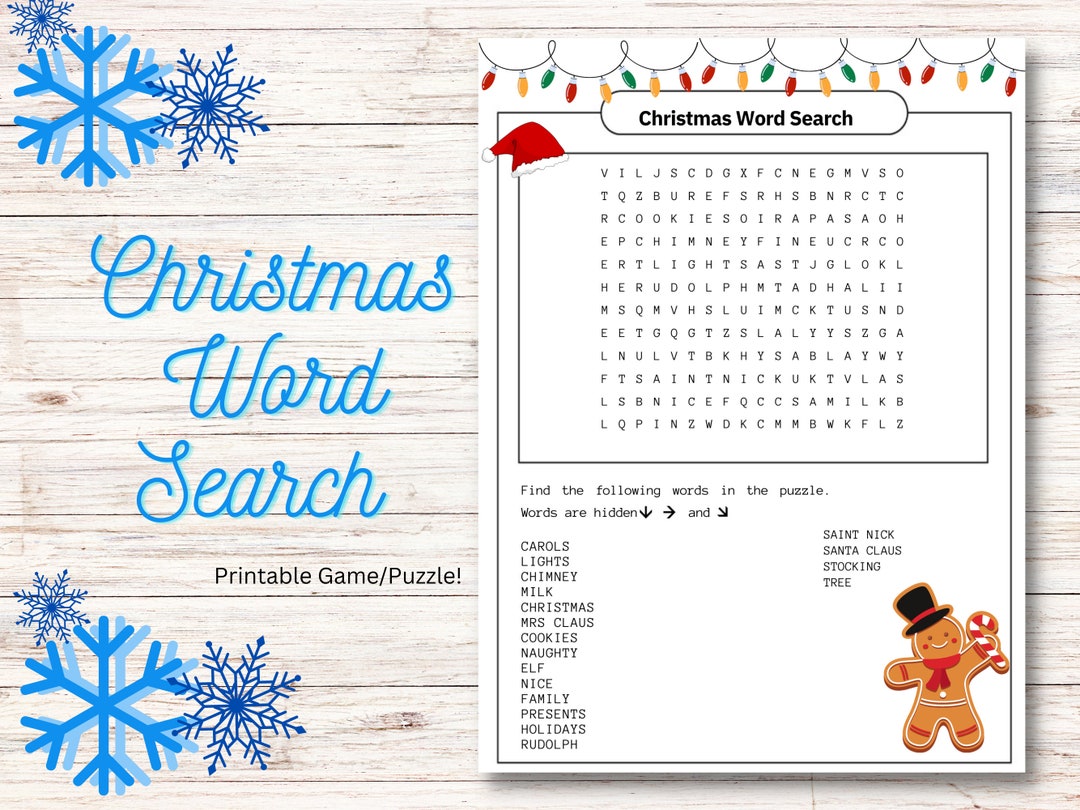 Christmas Themed Word Search Puzzle Game, Printable Family Party Game ...
