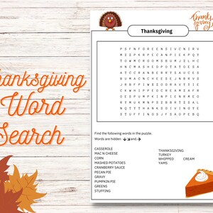 Thanksgiving Themed Word Search Puzzle, Printable Party Games, Fun Puzzle