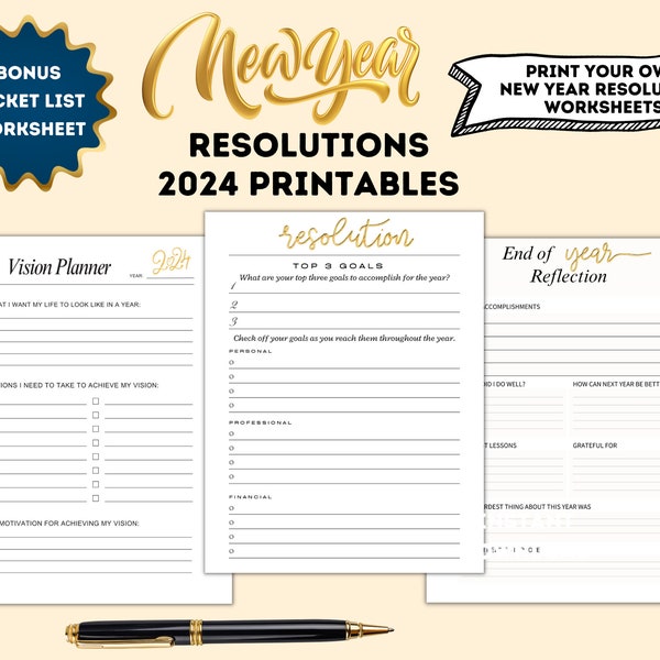 New Years Resolution Sheet - New Year Resolution Printable, Resolution Ideas, New Year Resolution Planner, 2024 , New Year's Resolutions