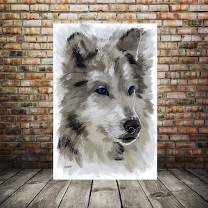 Wolf blue eyes painting, wild life art, wolf canvas print, framed wolf watercolor, wolf painting art, large home decor