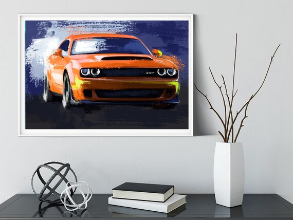 DODGE Challenger インテリア アメ車 絵 Orange Dodge Challenger Art Print | Bold Muscle Car Wall Art