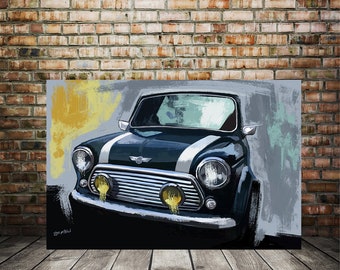Mini Cooper car painting, Car enthusiast art, race car art, man cave garage decor, husband gift ideas, custom car art, Automotive art