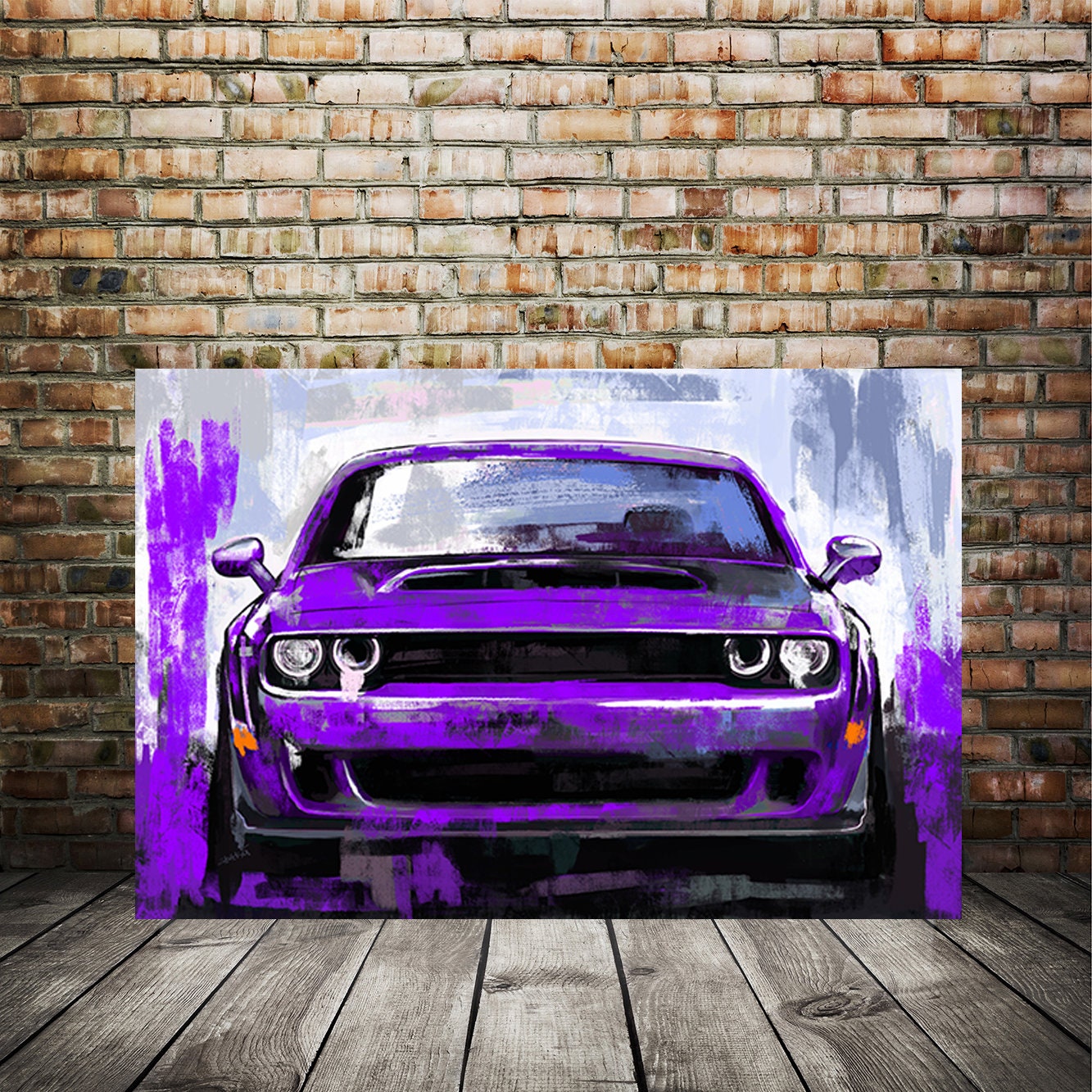 DODGE Challenger インテリア アメ車 絵 Impresión artística del Challenger Hellcat morado / Lienzo de